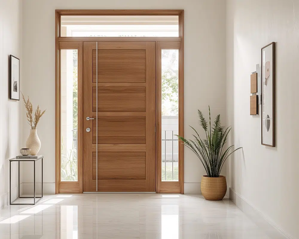 Entrée moderne avec porte en bois et plantes